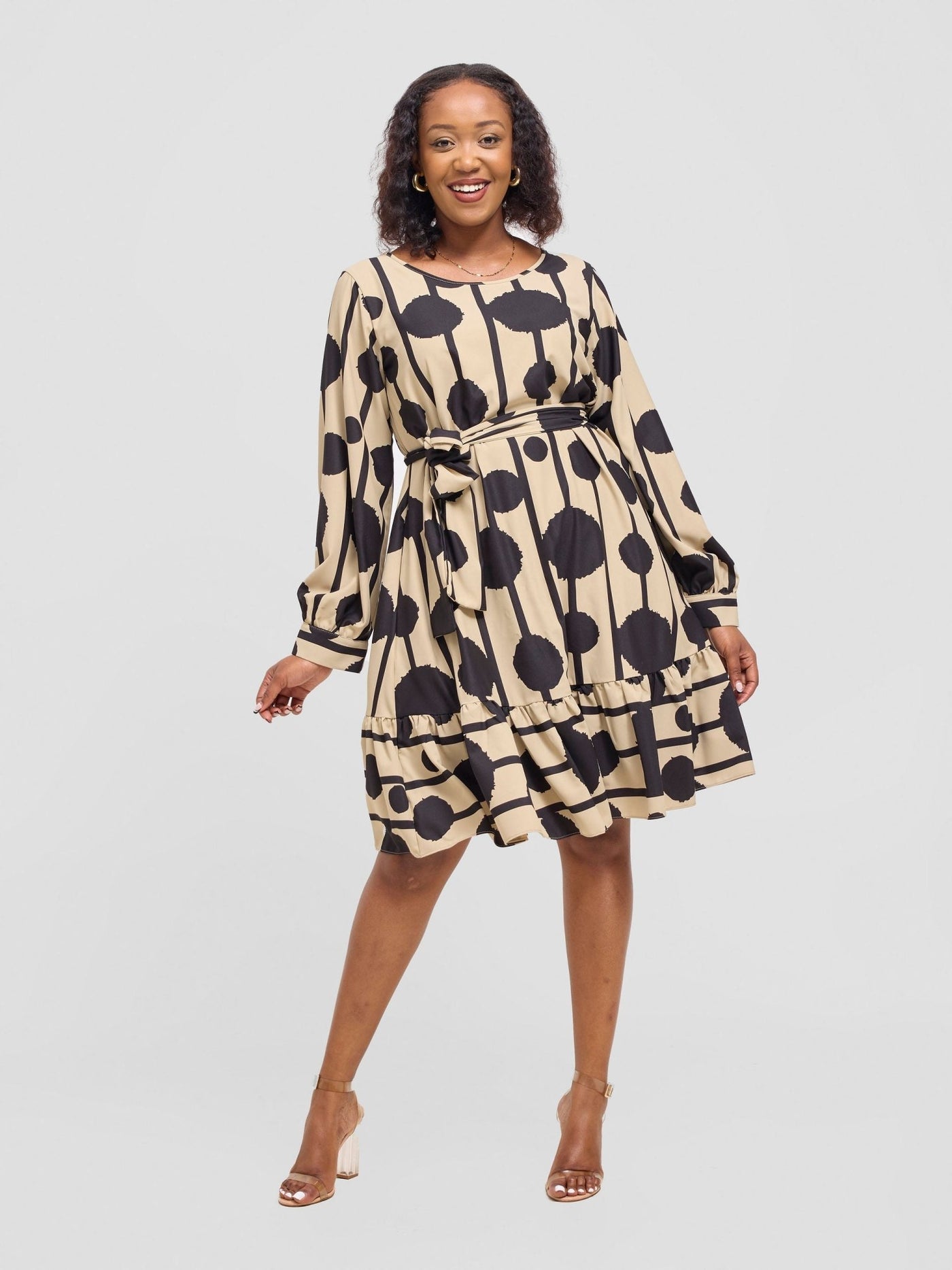 Vivo Serwa Tent Dress - Taupe / Black Doti Print - Shopzetu
