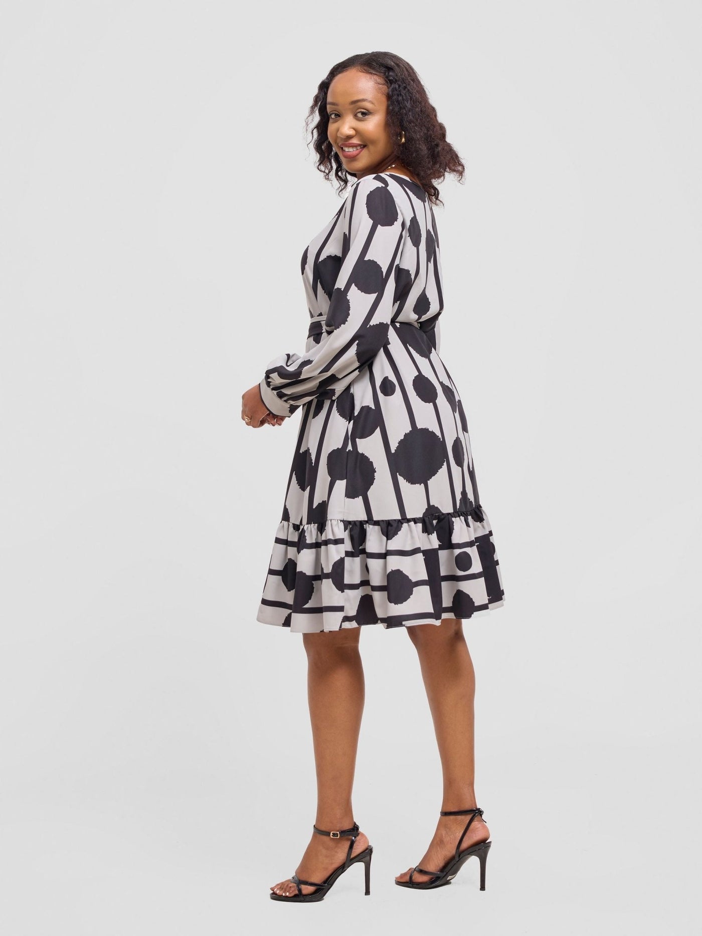 Vivo Serwa Tent Dress - Ash Grey / Black Doti Print - Shopzetu