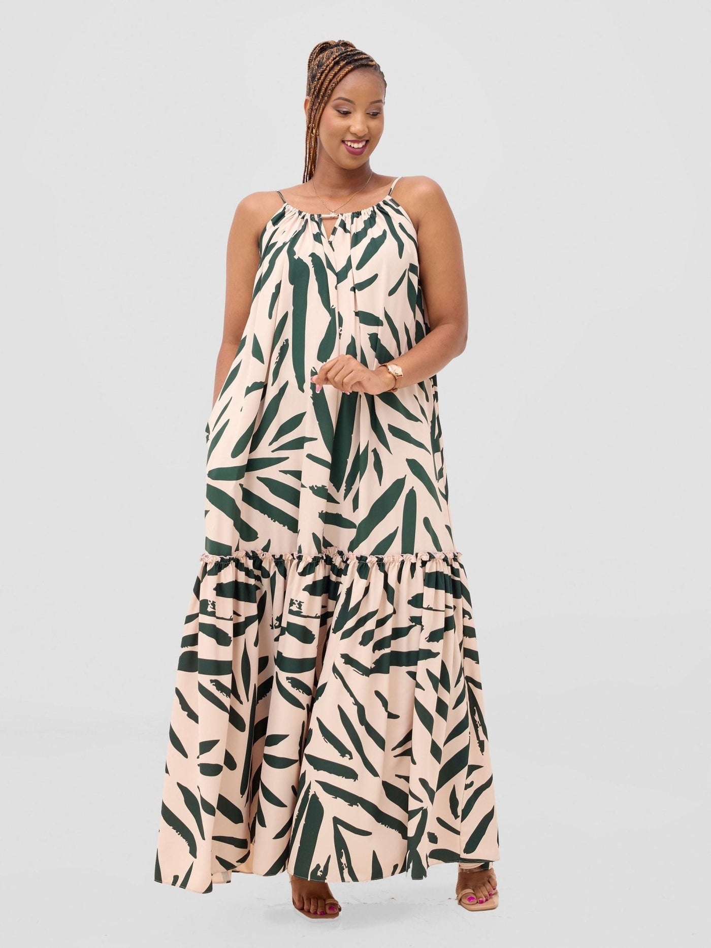 Vivo Sarabi Strappy Flounce Maxi Dress - Cream / Dark Green Mtelo Print - Shopzetu