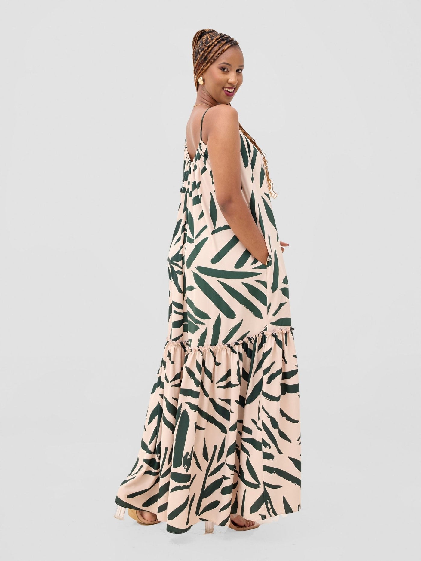 Vivo Sarabi Strappy Flounce Maxi Dress - Cream / Dark Green Mtelo Print - Shopzetu