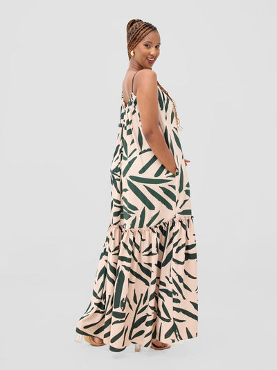 Vivo Sarabi Strappy Flounce Maxi Dress - Cream / Dark Green Mtelo Print - Shopzetu