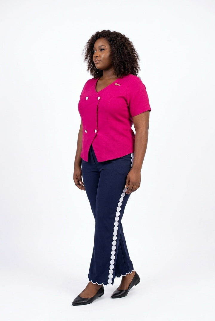 Stylish Sisters Scalloped Hem Double - Breasted Short Sleeve Blazer Top - Hot Pink