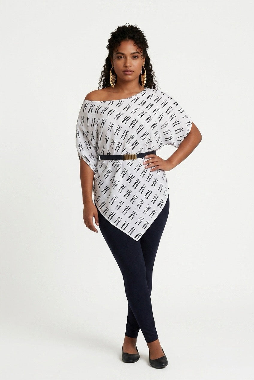 Stylish Sisters Asymmetrical Striped Batwing - White / Black