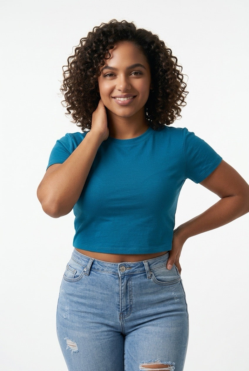 Stylish Sisters Classic Crewneck Short Sleeve Crop Top - Teal Blue