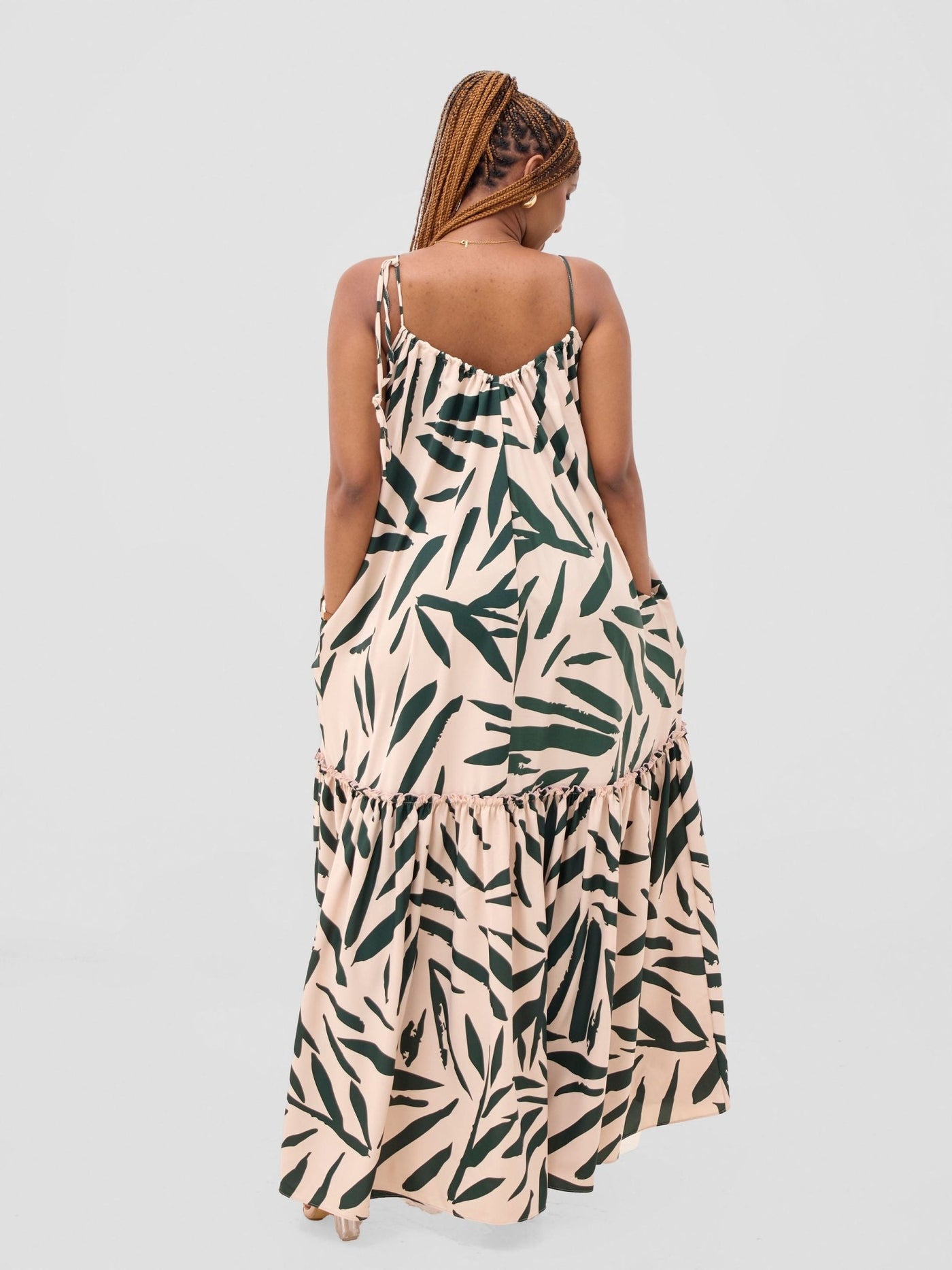 Vivo Sarabi Strappy Flounce Maxi Dress - Cream / Dark Green Mtelo Print - Shopzetu