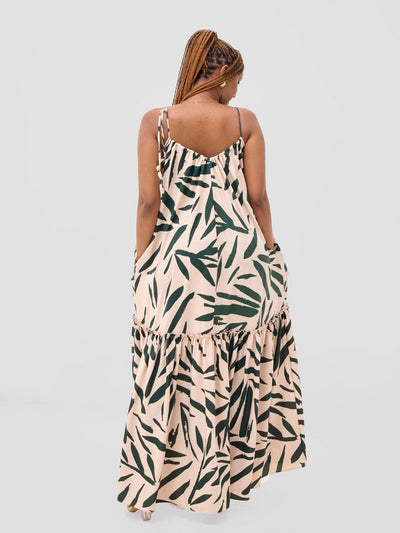 Vivo Sarabi Strappy Flounce Maxi Dress - Cream / Dark Green Mtelo Print - Shopzetu