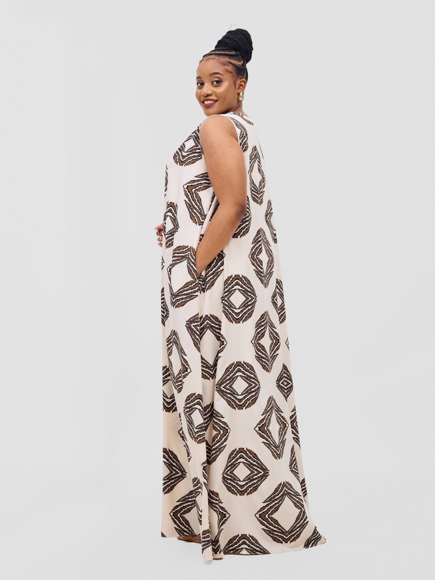 Vivo Ava Tent Maxi Dress - Cream / Brown Print - Shopzetu