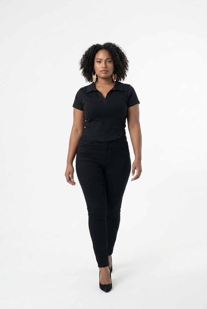 Stylish Sisters Corset-Style Curved Hem Polo Top - Black