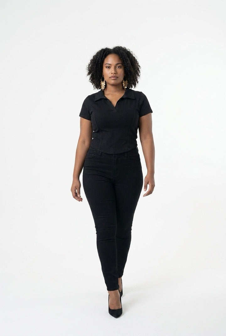 Stylish Sisters Corset-Style Curved Hem Polo Top - Black