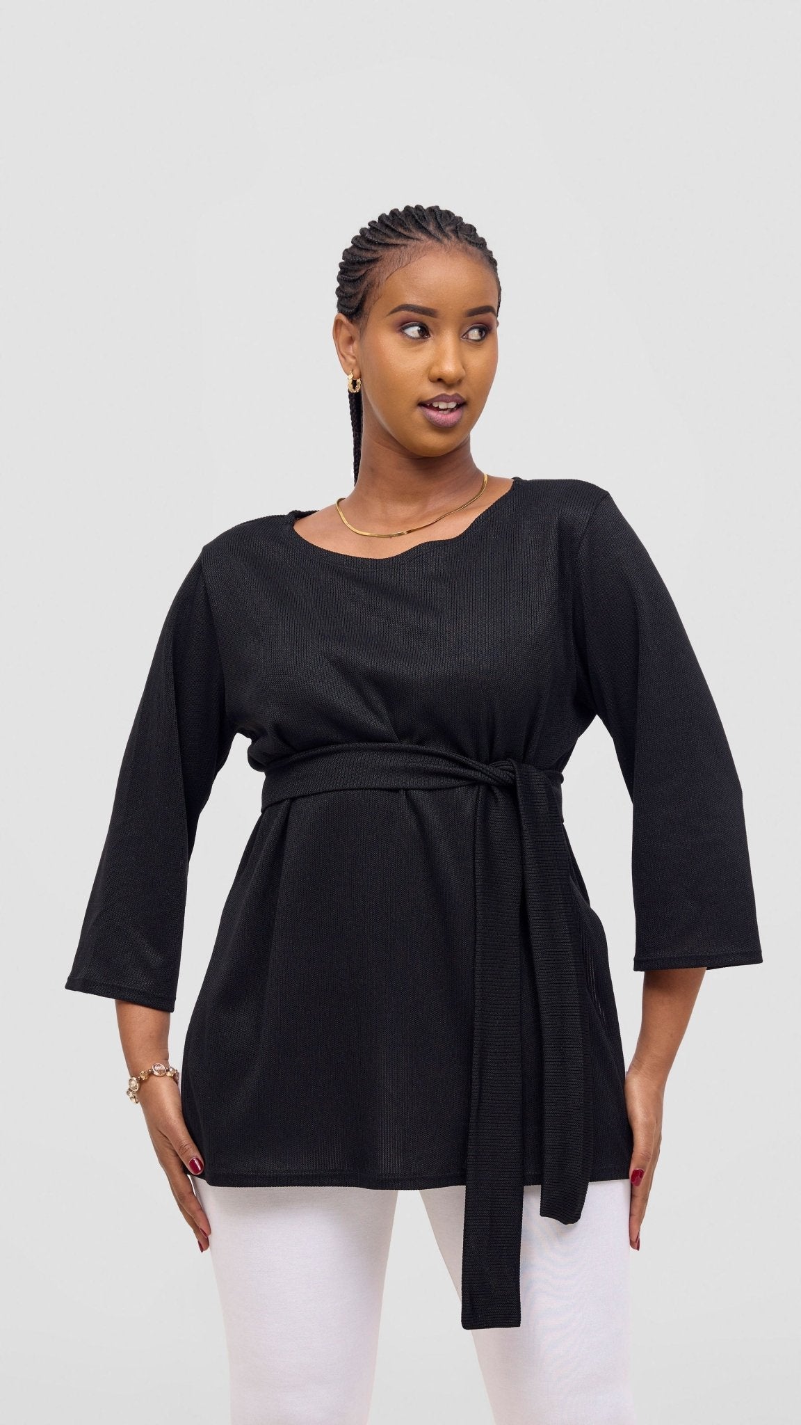 Vivo Rema 3/4 Sleeve Side Slit Tunic Top - Black - Shopzetu