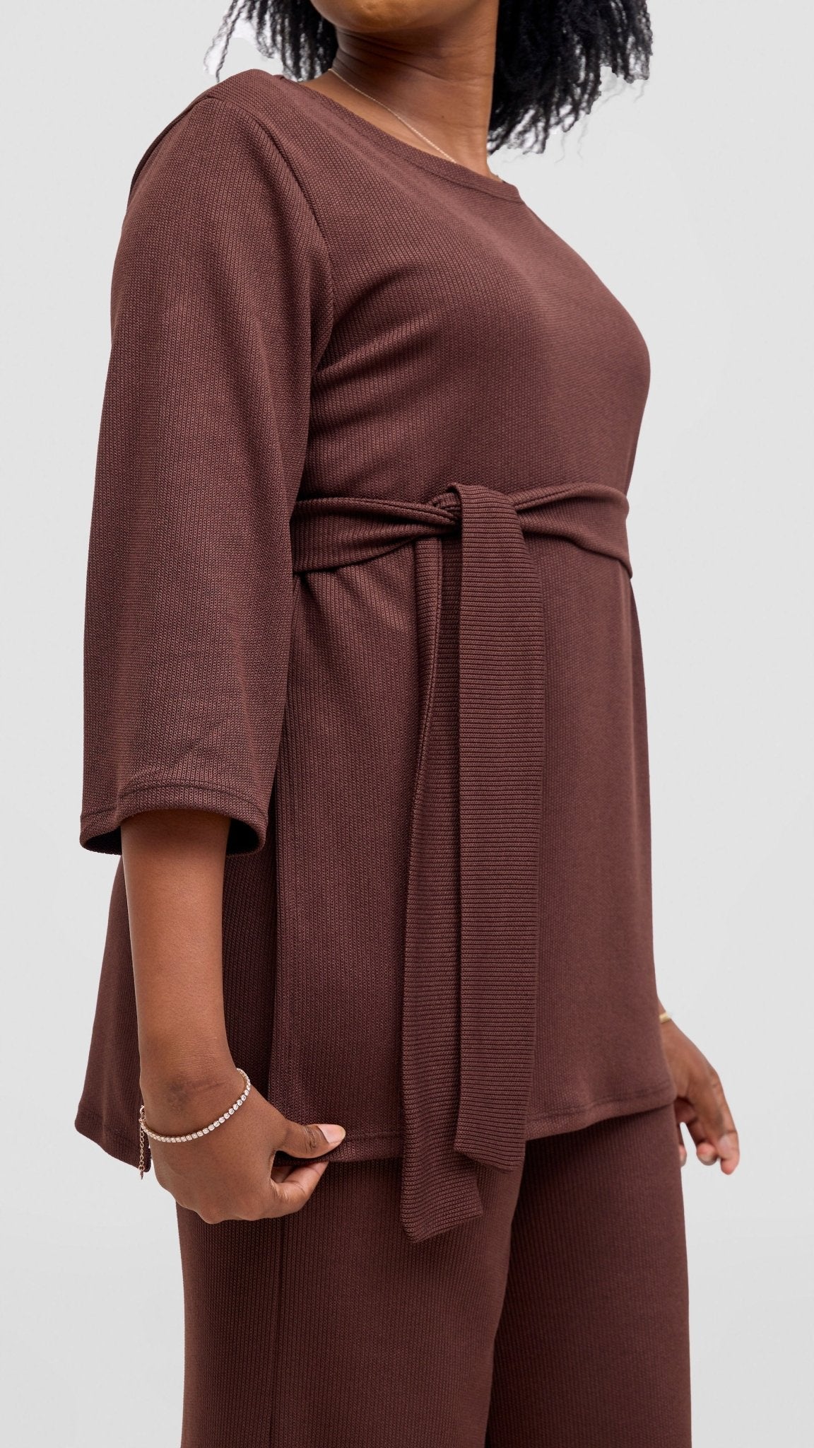 Vivo Rema 3/4 Sleeve Side Slit Tunic Top - Chocolate - Shopzetu