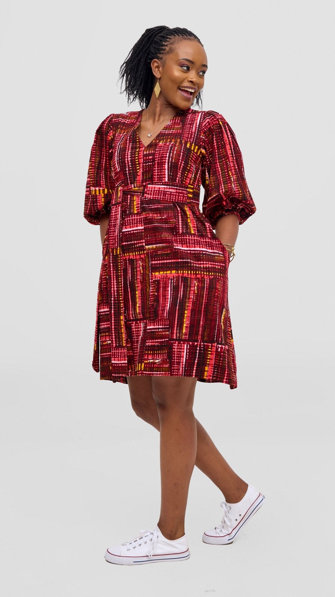 Safari Tara Bishop Sleeve Dress - Maroon / Pink Ara Print - Shopzetu