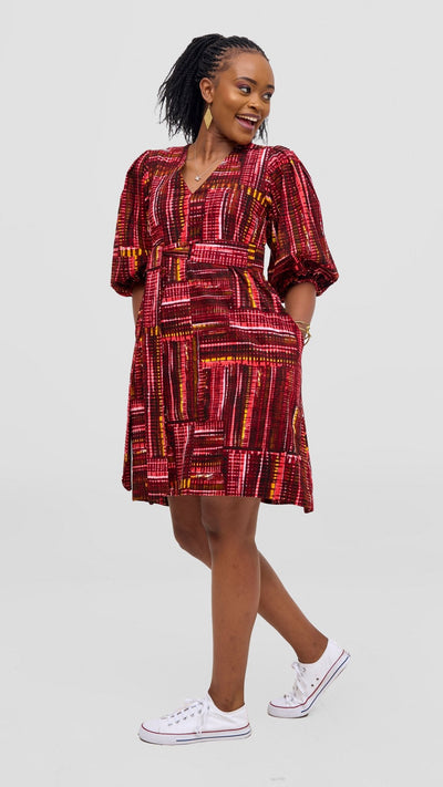 Safari Tara Bishop Sleeve Dress - Maroon / Pink Ara Print - Shopzetu