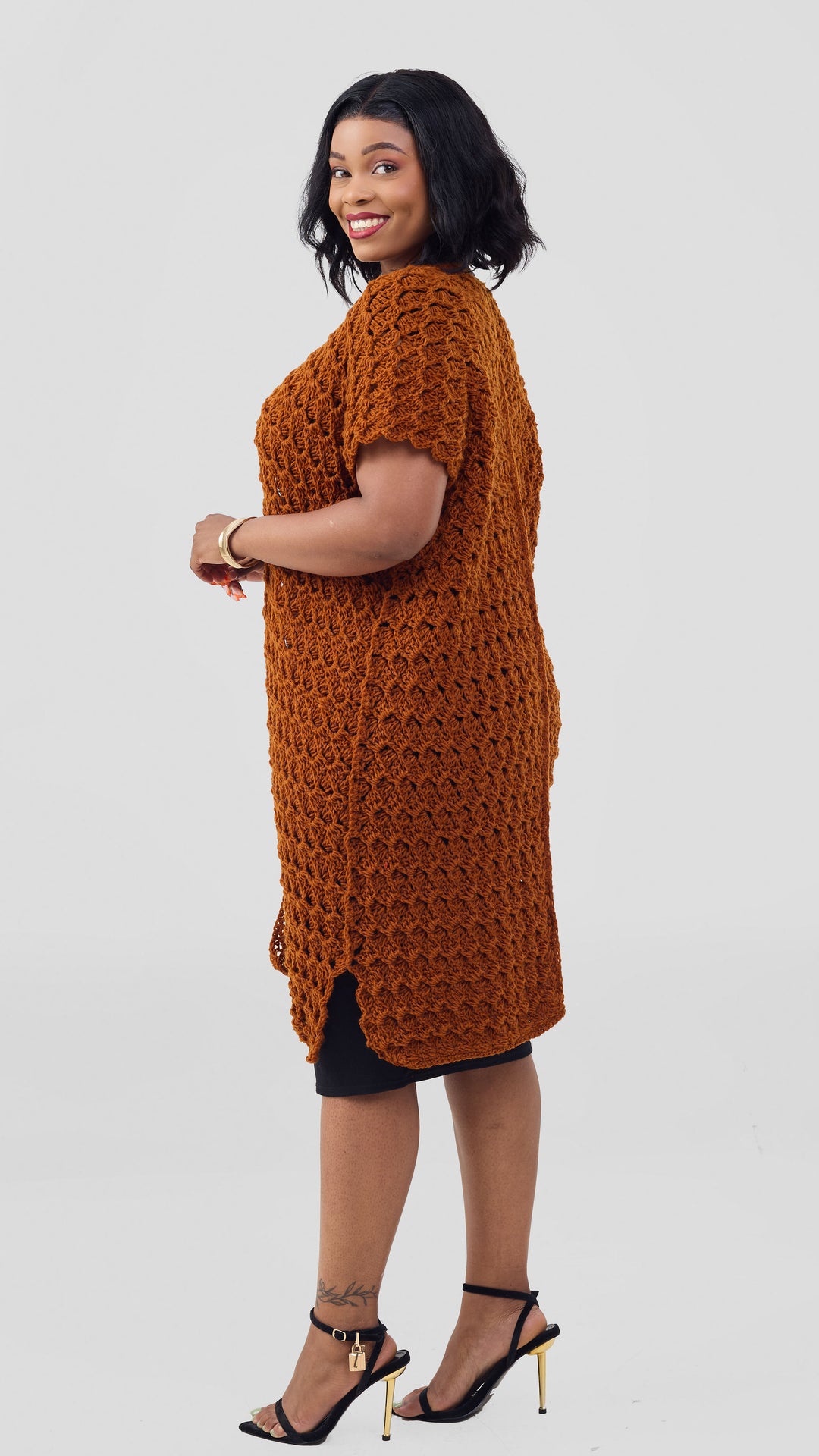 Noble Hands Short Sleeved Crochet Longline Cardigan - Rust