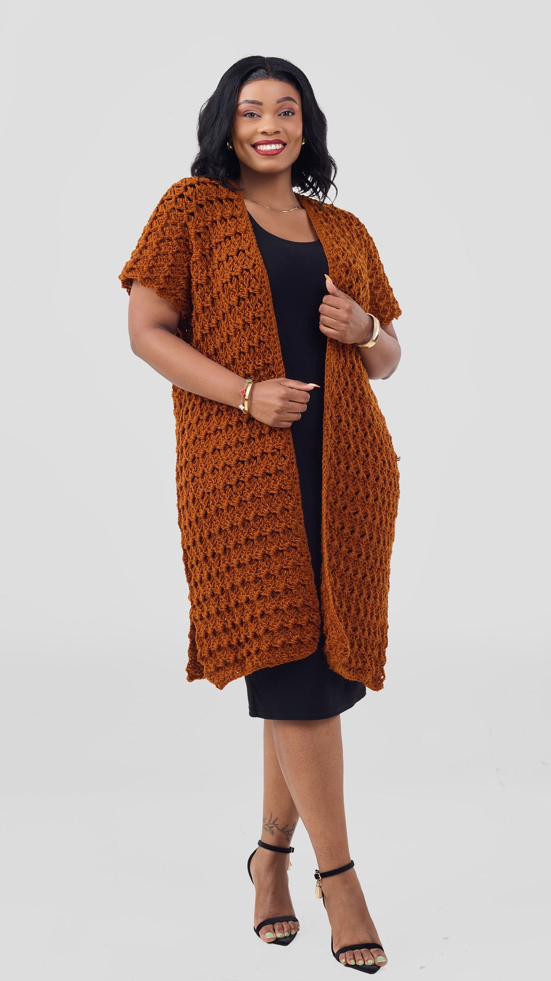 Noble Hands Short Sleeved Crochet Longline Cardigan - Rust