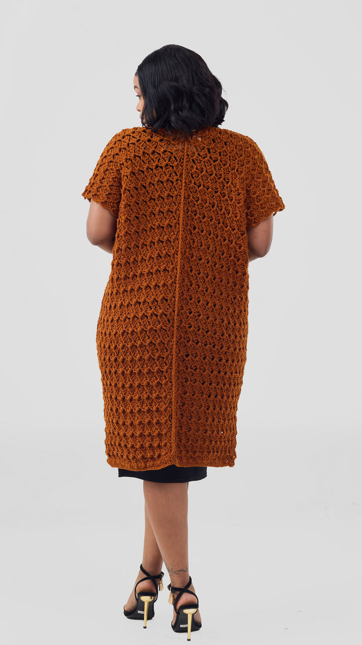 Noble Hands Short Sleeved Crochet Longline Cardigan - Rust