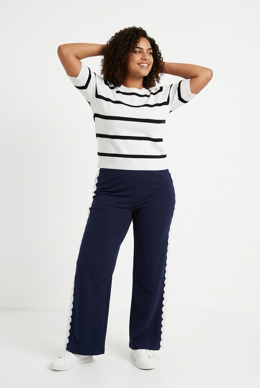 Stylish Sisters Striped Short-Sleeve Knit Sweater Tee - White / Black