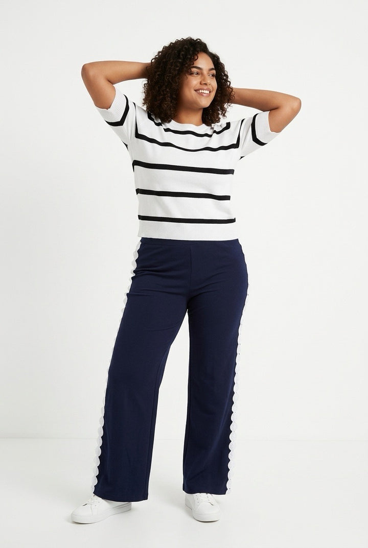 Stylish Sisters Striped Short-Sleeve Knit Sweater Tee - White / Black