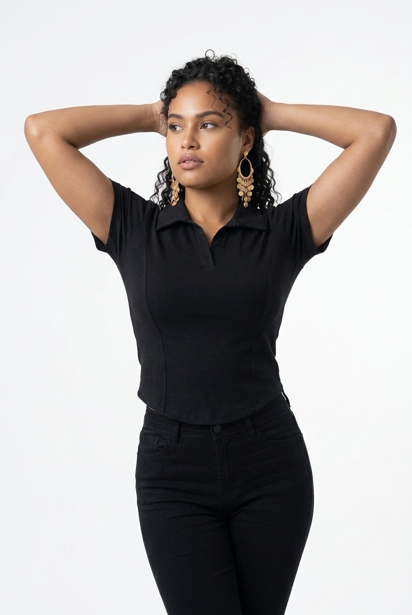 Stylish Sisters Corset-Style Curved Hem Polo Top - Black
