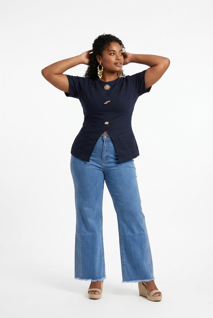 Stylish Sisters Crew Neck Gold Button Detailed Slit Top - Black