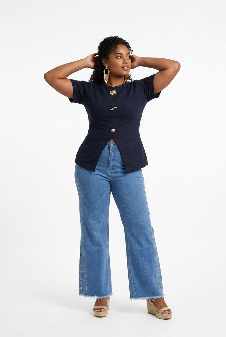 Stylish Sisters Crew Neck Gold Button Detailed Slit Top - Black