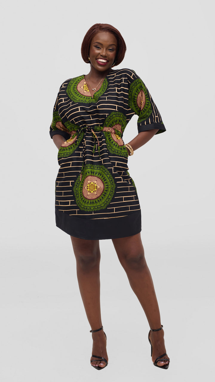 Ankara Shift Dress - Black / Green