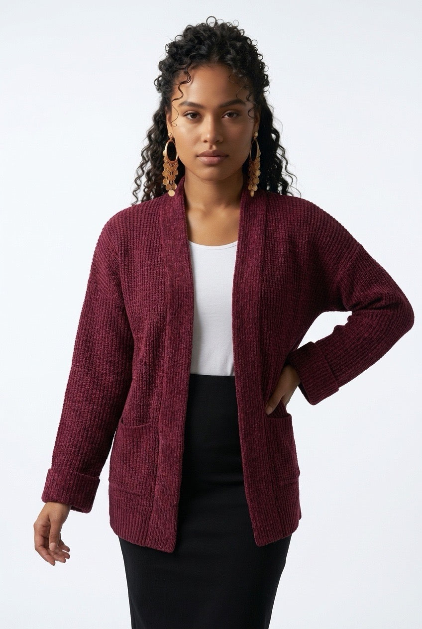 Stylish Sisters Women’s Ribbed Open-Front Shawl Collar Cardigan - Maroon