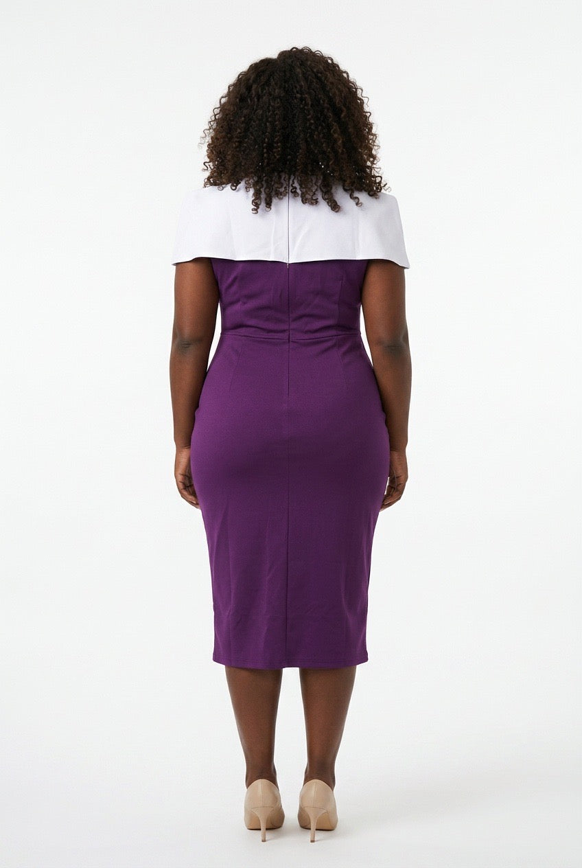 Stylish Sisters V-Neck Belted Midi Pencil Dress - Purple / White