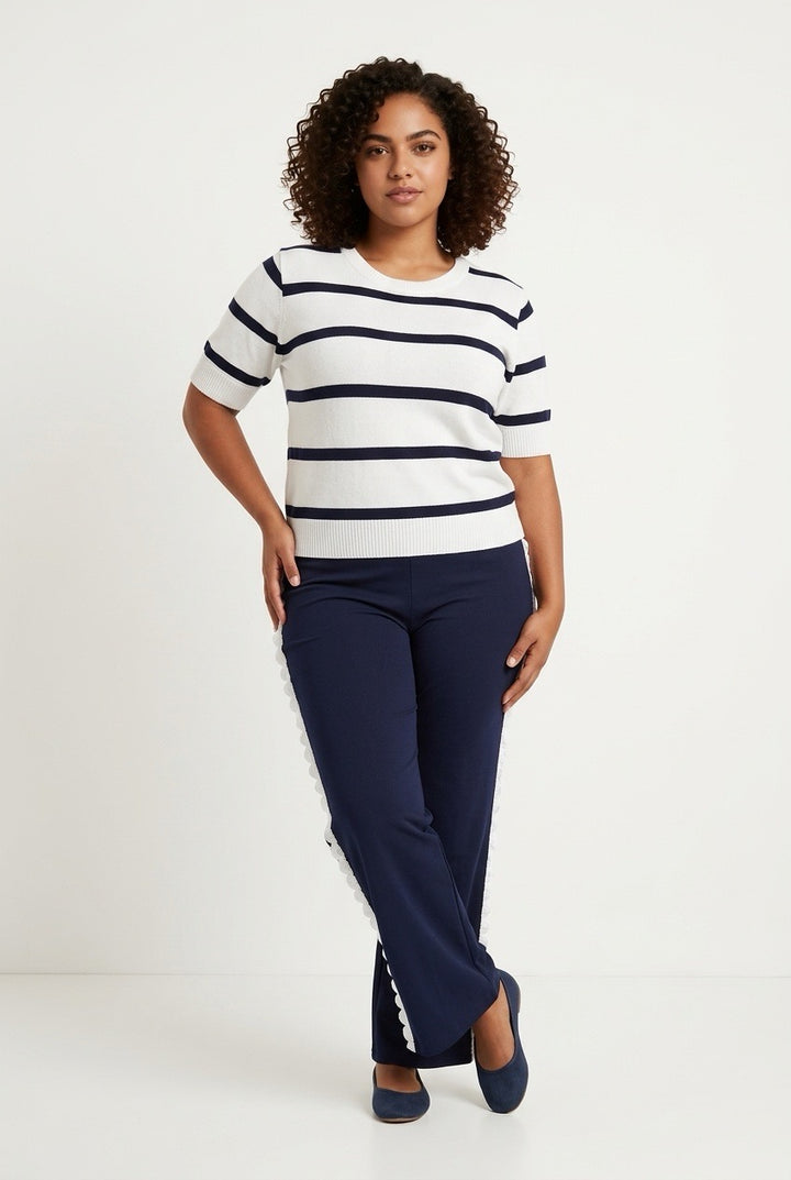 Stylish Sisters Striped Short-Sleeve Knit Sweater Tee - White / Black