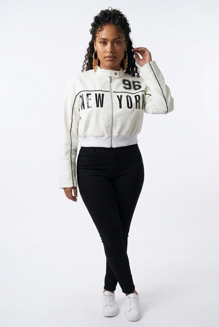 Stylish Sisters Stand Collar Letter Print Cropped Leather Jacket - White