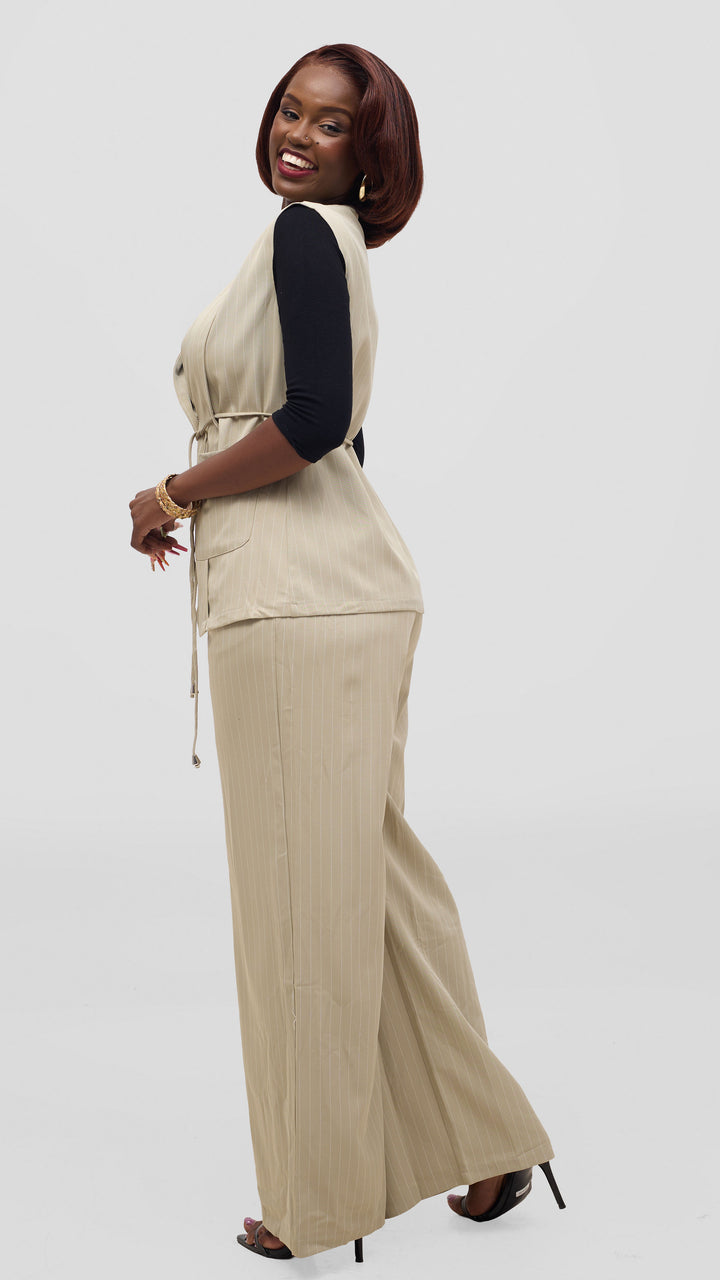 SAMA House Pinstripe Waist coat & Wide-Leg Trouser Set - Sage Green
