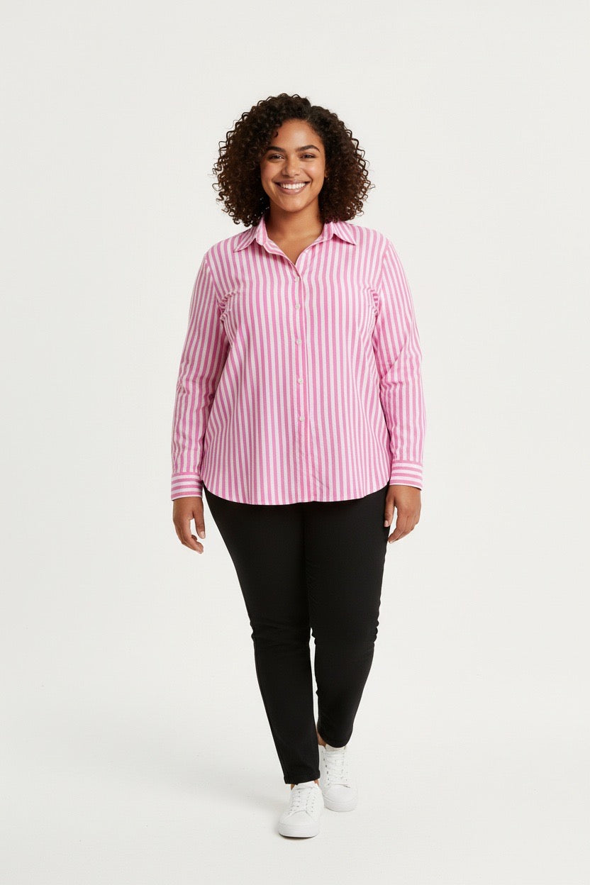 Stylish Sisters Striped Relaxed Fit Button-Up Shirt - Pink & White