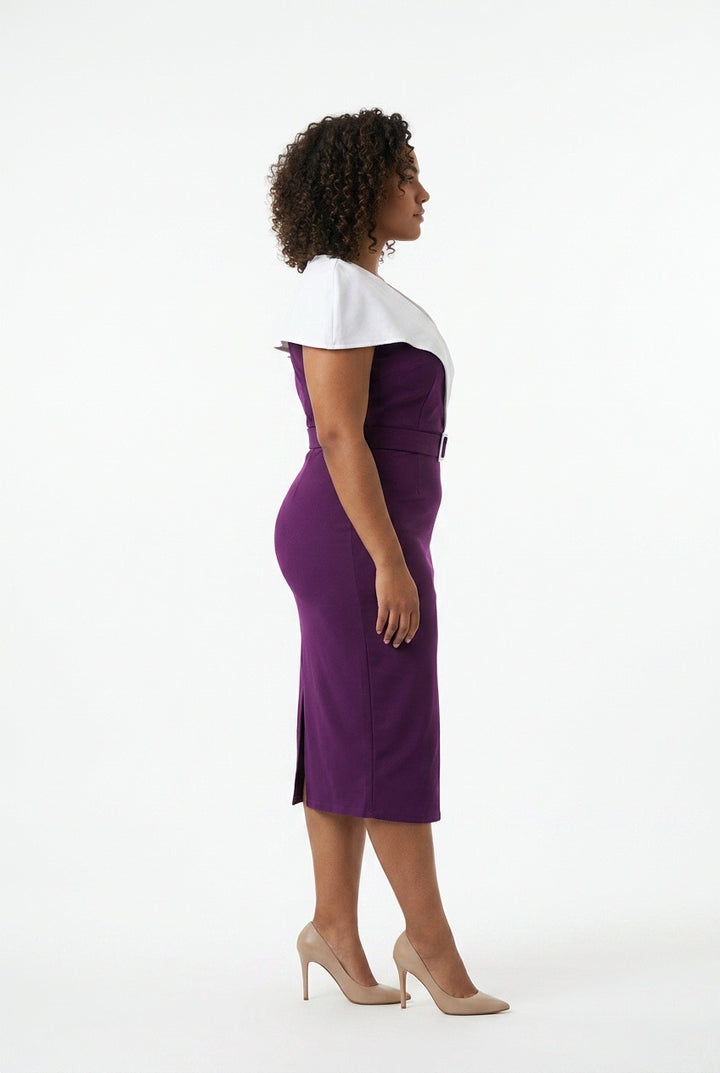 Stylish Sisters V-Neck Belted Midi Pencil Dress - Purple / White