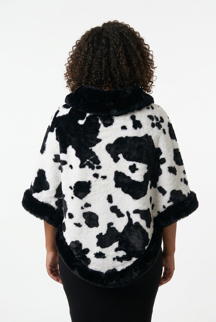 Stylish Sisters Faux Fur-Trimmed Cable Knit Poncho Sweater - Black / White