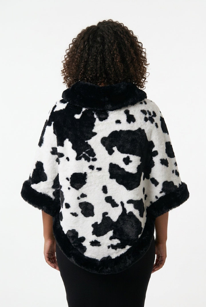 Stylish Sisters Faux Fur-Trimmed Cable Knit Poncho Sweater - Black / White