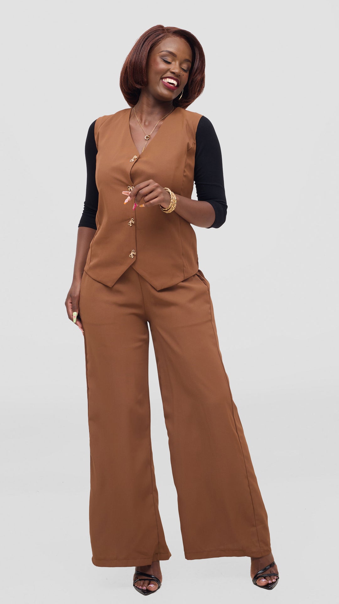 SAMA House Essential Plain Waist coat & Wide-Leg Suit Set - Coffee Brown