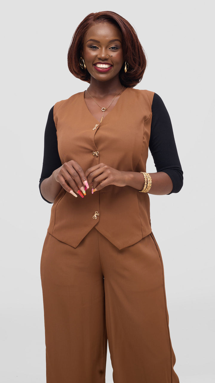 SAMA House Essential Plain Waist coat & Wide-Leg Suit Set - Coffee Brown