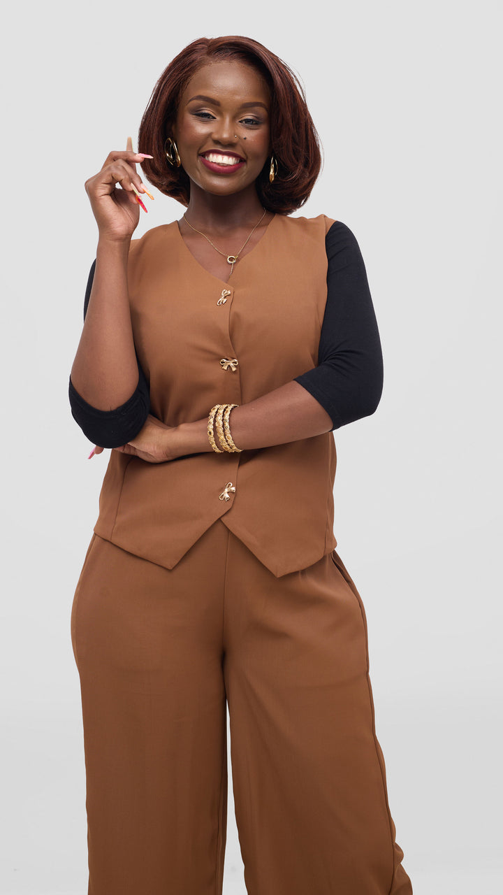 SAMA House Essential Plain Waist coat & Wide-Leg Suit Set - Coffee Brown