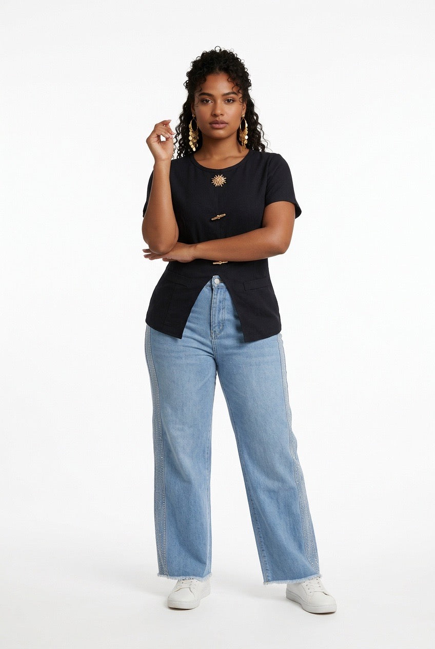 Stylish Sisters Crew Neck Gold Button Detailed Slit Top - Black