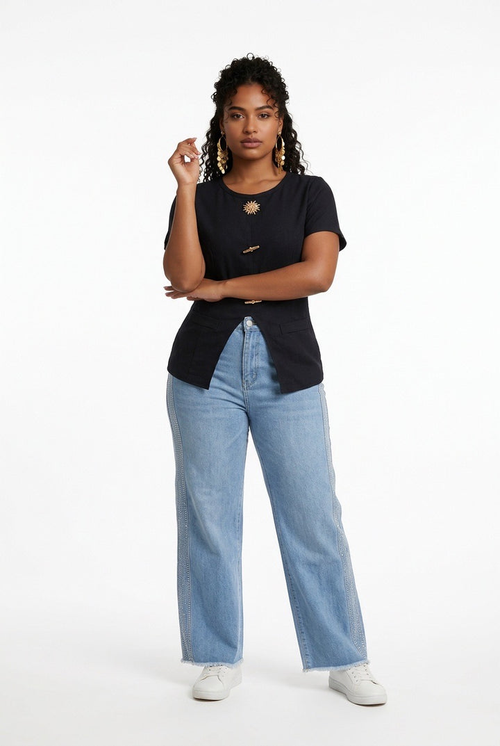 Stylish Sisters Crew Neck Gold Button Detailed Slit Top - Black