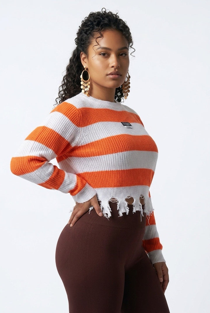 Stylish Sisters Distressed Frayed Hem Pullover Knit Sweater Top - White / Orange