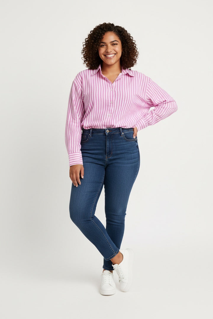 Stylish Sisters Striped Relaxed Fit Button-Up Shirt - Pink & White
