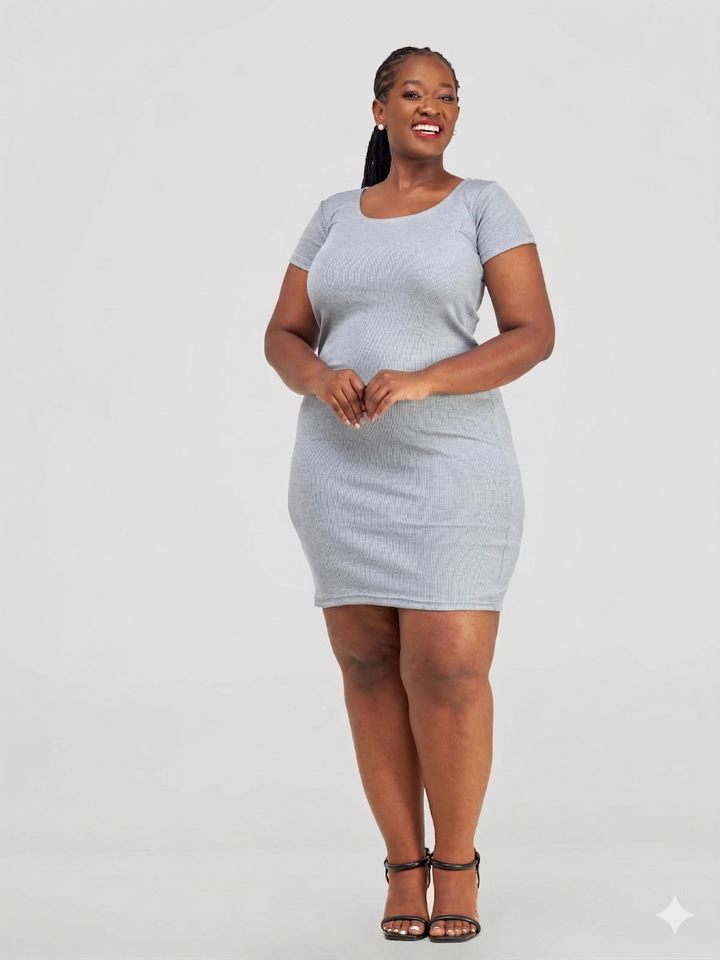Essentiables Cotton Ribbed Mid Knee Length Dress - Light Grey