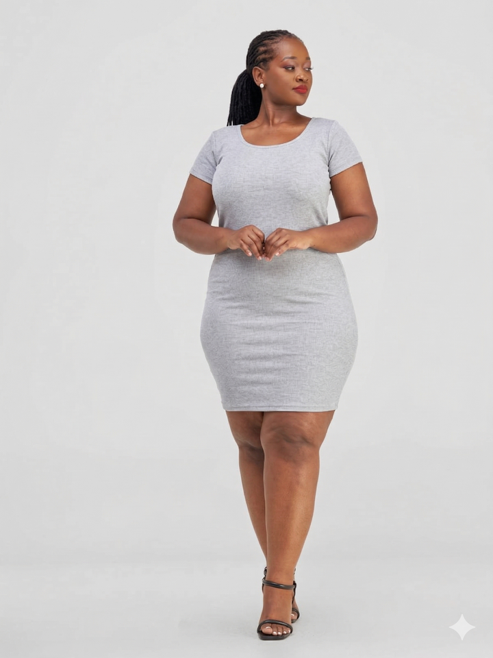 Essentiables Cotton Ribbed Mid Knee Length Dress - Light Grey