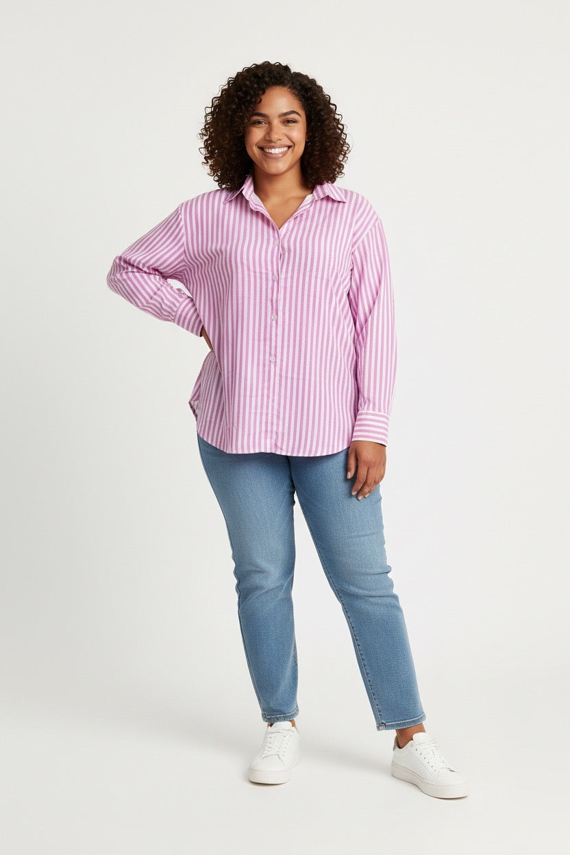 Stylish Sisters Striped Relaxed Fit Button-Up Shirt - Pink & White