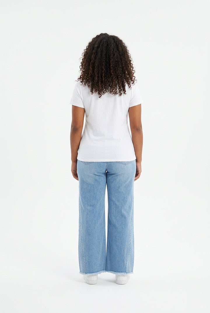 Stylish Sisters Crew Neck Gold Button Detailed Slit Top - White