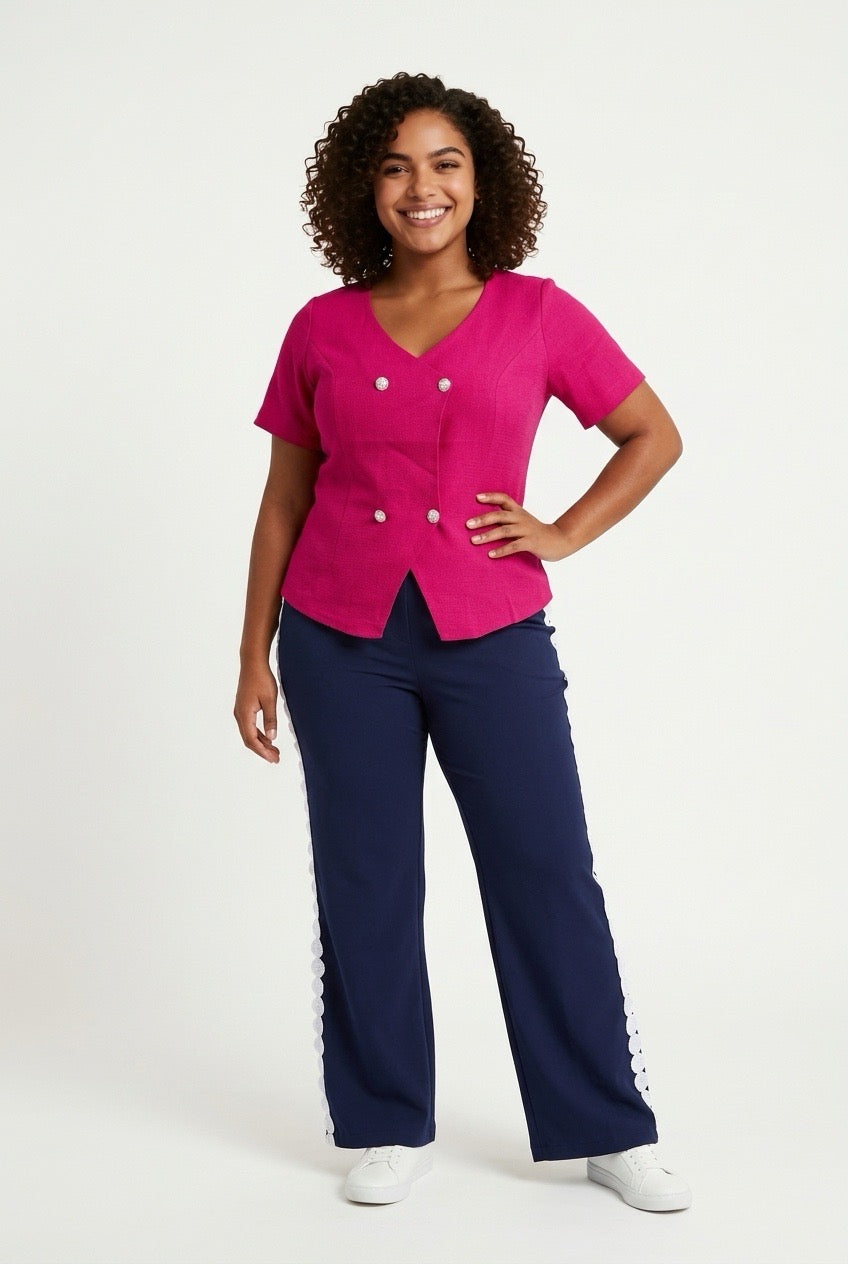 Stylish Sisters Scalloped Hem Double - Breasted Short Sleeve Blazer Top - Hot Pink