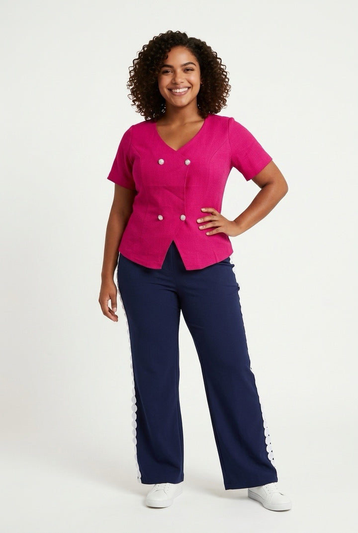 Stylish Sisters Scalloped Hem Double - Breasted Short Sleeve Blazer Top - Hot Pink