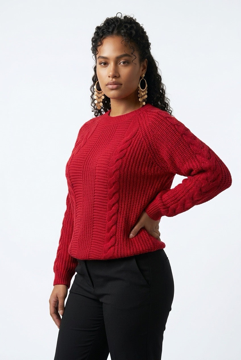Stylish Sisters Cable Knit Crewneck Sweater - Maroon