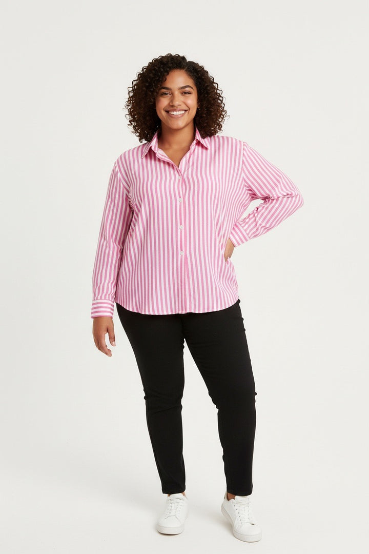 Stylish Sisters Striped Relaxed Fit Button-Up Shirt - Pink & White
